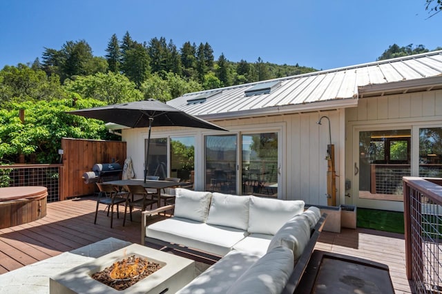 10 Waldruhe Hts, Glen Ellen, CA 95442 - wooden deck with an outdoor living space with a fire pit, outdoor dining space, a grill, and a covered hot tub