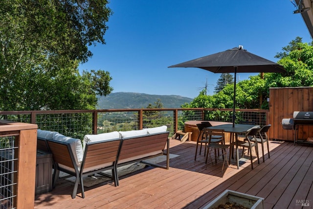 10 Waldruhe Hts, Glen Ellen, CA 95442 - wooden deck featuring outdoor lounge area, a mountain view, outdoor dining space, and grilling area
