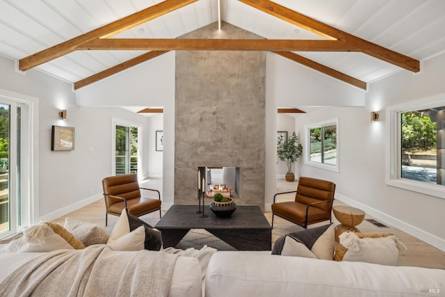 532 Pine Crest Rd, Mill Valley, CA 94941 - living area featuring beamed ceiling, light wood-style floors, baseboards, and high vaulted ceiling