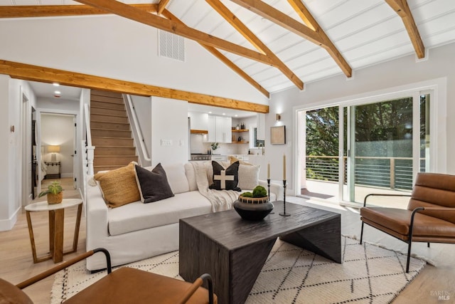532 Pine Crest Rd, Mill Valley, CA 94941 - living room featuring light wood finished floors, beam ceiling, stairs, and high vaulted ceiling