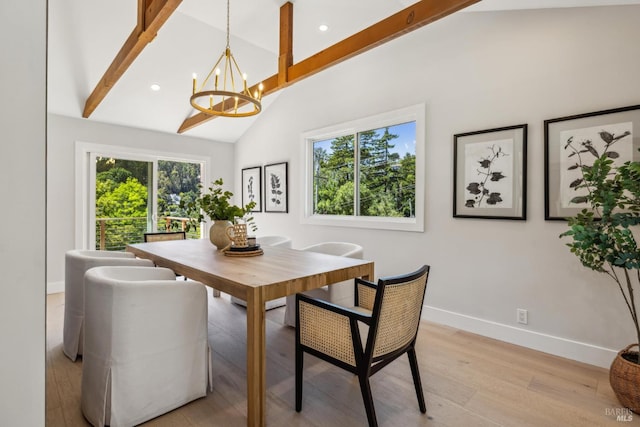 532 Pine Crest Rd, Mill Valley, CA 94941 - dining area featuring beam ceiling, a chandelier, baseboards, light wood finished floors, and high vaulted ceiling
