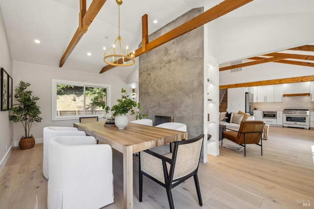 532 Pine Crest Rd, Mill Valley, CA 94941 - dining space featuring high vaulted ceiling, a chandelier, beam ceiling, recessed lighting, and light wood finished floors