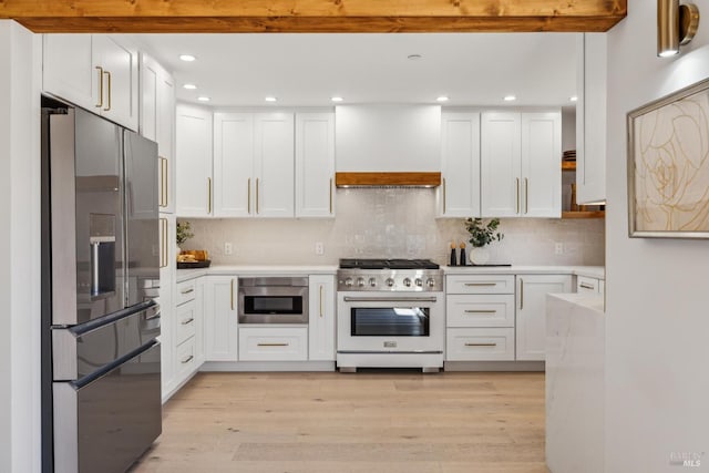 532 Pine Crest Rd, Mill Valley, CA 94941 - kitchen with appliances with stainless steel finishes, custom exhaust hood, recessed lighting, light countertops, and white cabinets