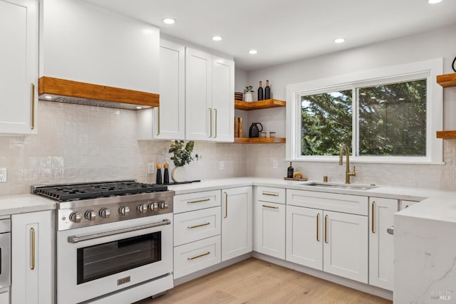 532 Pine Crest Rd, Mill Valley, CA 94941 - kitchen featuring gas stove, a sink, open shelves, white cabinets, and recessed lighting