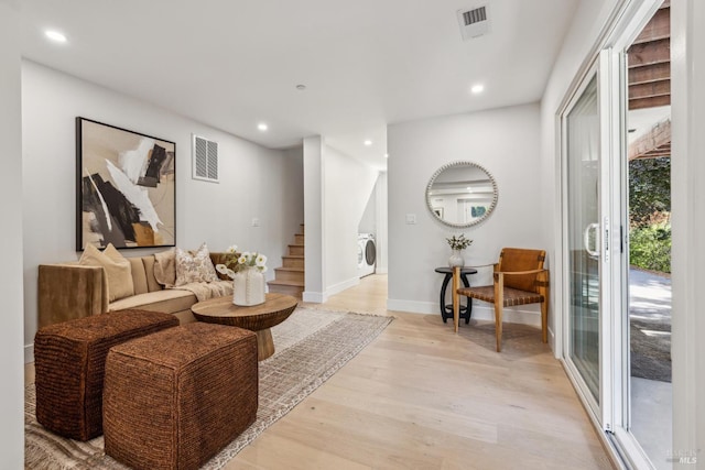 532 Pine Crest Rd, Mill Valley, CA 94941 - living room featuring washer / dryer, stairs, recessed lighting, light wood finished floors, and baseboards