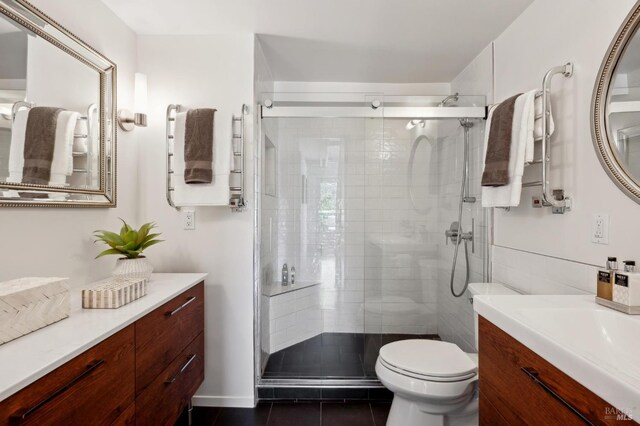 523 W Fairview Ave, Mill Valley, CA 94941 - bathroom featuring vanity, a shower stall, tile patterned floors, and toilet