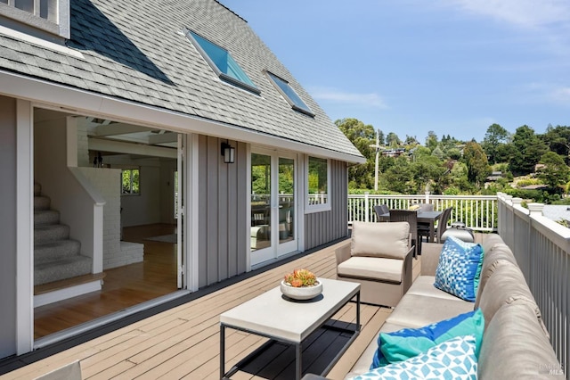 523 W Fairview Ave, Mill Valley, CA 94941 - deck featuring an outdoor hangout area, outdoor dining area, and view of scattered trees