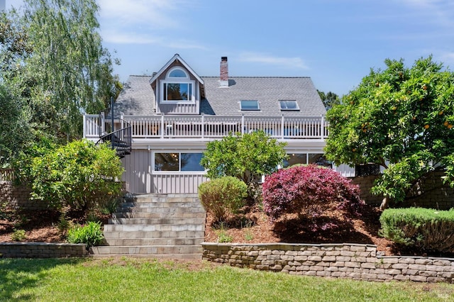 523 W Fairview Ave, Mill Valley, CA 94941 - rear view of property with a chimney, stairs, a wooden deck, board and batten siding, and a shingled roof