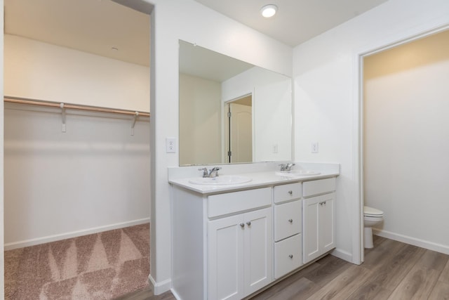 2252 Mia Dr, Newman, CA 95360 - bathroom with toilet, double vanity, baseboards, a spacious closet, and wood finished floors