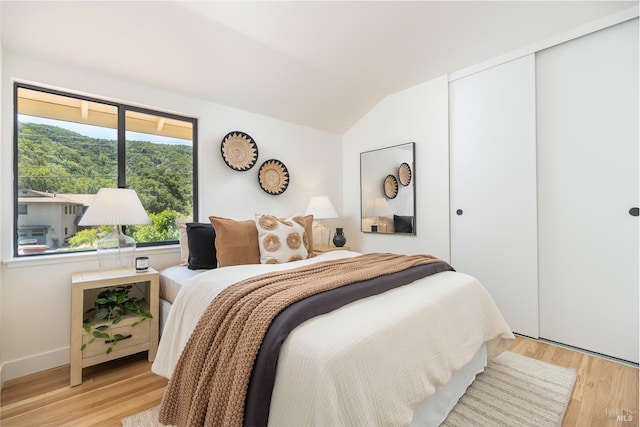 522 Blackstone Dr, San Rafael, CA 94903 - bedroom featuring a closet, vaulted ceiling, and light wood-style floors