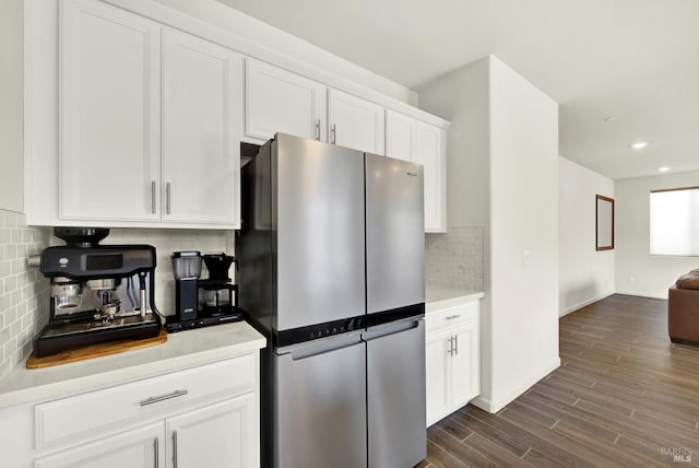 544 Oakham Dr, Vacaville, CA 95687 - kitchen with freestanding refrigerator, light countertops, tasteful backsplash, white cabinets, and recessed lighting
