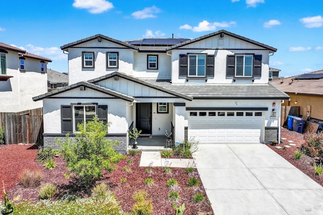 544 Oakham Dr, Vacaville, CA 95687 - view of front facade featuring solar panels, board and batten siding, a garage, and concrete driveway