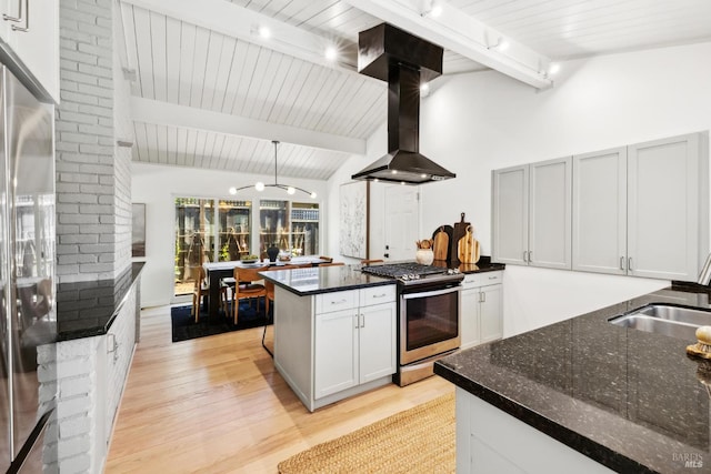 2647 Heatherstone Dr, San Rafael, CA 94903 - kitchen with stainless steel appliances, wall chimney exhaust hood, a sink, light wood-type flooring, and wood ceiling