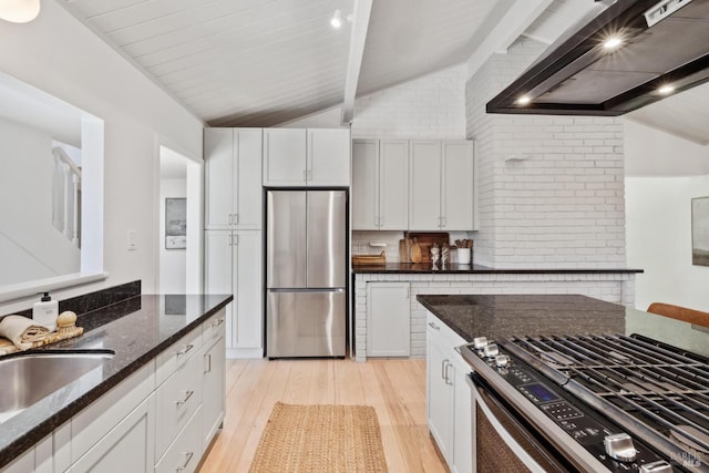 2647 Heatherstone Dr, San Rafael, CA 94903 - kitchen featuring stainless steel appliances, wall chimney range hood, light wood-type flooring, a sink, and white cabinetry