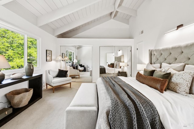 2647 Heatherstone Dr, San Rafael, CA 94903 - bedroom featuring light colored carpet, multiple closets, beam ceiling, and high vaulted ceiling