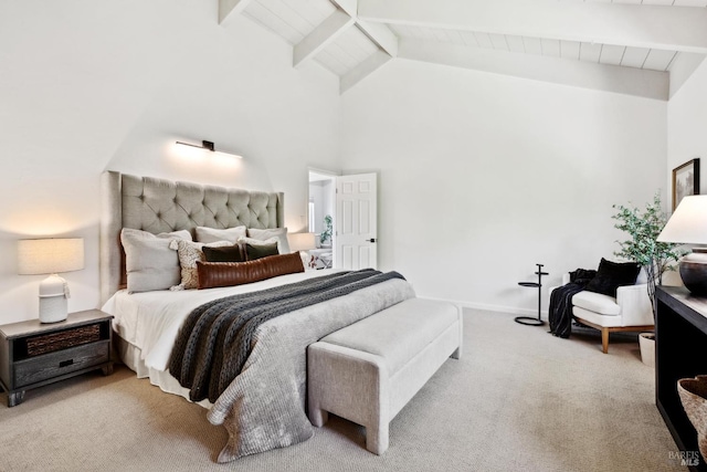 2647 Heatherstone Dr, San Rafael, CA 94903 - carpeted bedroom with beamed ceiling, high vaulted ceiling, and baseboards