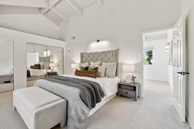 2647 Heatherstone Dr, San Rafael, CA 94903 - bedroom featuring light colored carpet, beamed ceiling, high vaulted ceiling, and baseboards