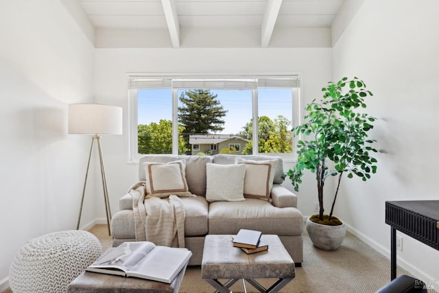 2647 Heatherstone Dr, San Rafael, CA 94903 - carpeted living area featuring beamed ceiling, healthy amount of natural light, and baseboards