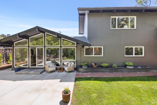 2647 Heatherstone Dr, San Rafael, CA 94903 - rear view of property featuring stucco siding, a patio area, an outdoor living space, and a lawn