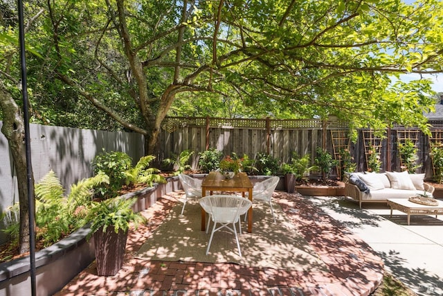 2647 Heatherstone Dr, San Rafael, CA 94903 - fenced backyard with an outdoor hangout area, a patio, and outdoor dining space