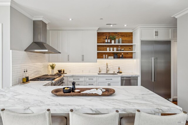 46 De Silva Island Dr, Mill Valley, CA 94941 - kitchen with premium appliances, a sink, wall chimney range hood, open shelves, and backsplash