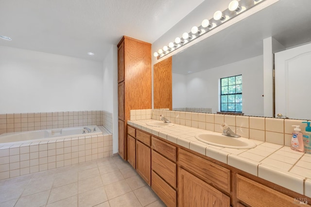 19828 Greenview Dr, Twain Harte, CA 95383 - bathroom with double vanity, tile patterned flooring, a garden tub, and backsplash