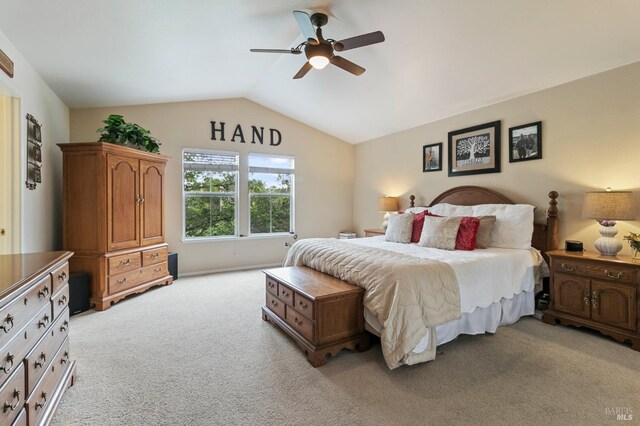 809 Muscat Ct, Petaluma, CA 94954 - bedroom with light colored carpet, lofted ceiling, and a ceiling fan