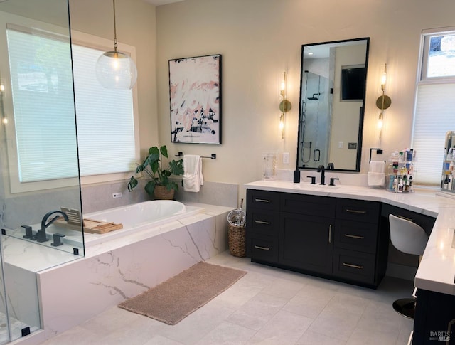 1745 Durbin Ln, Fairfield, CA 94534 - full bath with vanity, a garden tub, a shower stall, and tile patterned floors