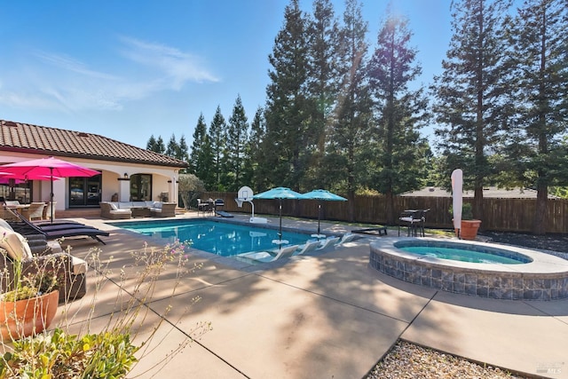 1745 Durbin Ln, Fairfield, CA 94534 - view of pool featuring an outdoor living space, an in-ground hot tub, a fenced backyard, and a patio area