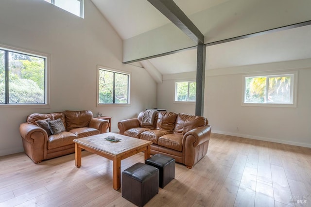 43390 Comptche Ukiah Rd, Mendocino, CA 95460 - living area featuring light wood-type flooring, beam ceiling, baseboards, and high vaulted ceiling
