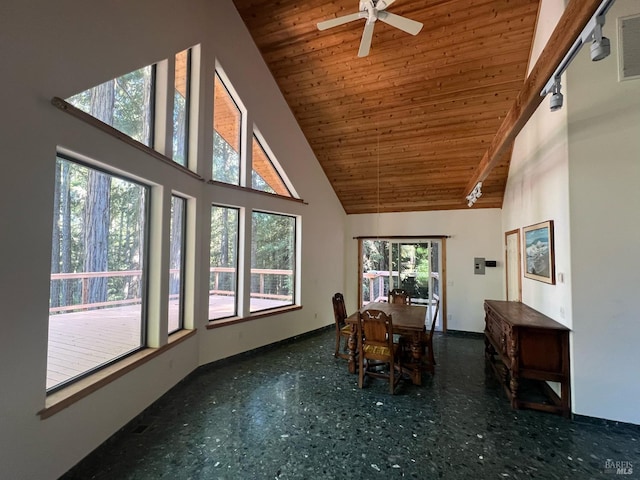 35905 Hauser Bridge Rd # J, Cazadero, CA 95421 - dining room featuring baseboards, wood ceiling, high vaulted ceiling, and ceiling fan