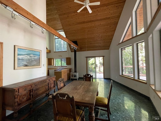 35905 Hauser Bridge Rd # J, Cazadero, CA 95421 - dining area featuring high vaulted ceiling, a wood stove, wood ceiling, ceiling fan, and tile patterned floors