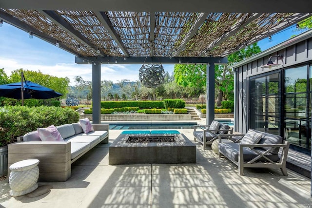 1005 Valley View St, Saint Helena, CA 94574 - view of patio featuring an outdoor living space with a fire pit, an outdoor pool, and a pergola