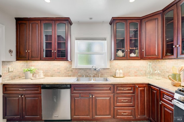 740 Valle Vista Ave, Vallejo, CA 94590 - kitchen featuring dishwasher, a sink, tasteful backsplash, light stone counters, and glass insert cabinets