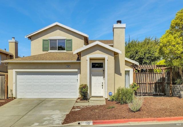 115 Barington Dr, Vallejo, CA 94591 - view of front facade featuring concrete driveway, stucco siding, a chimney, a garage, and a shingled roof