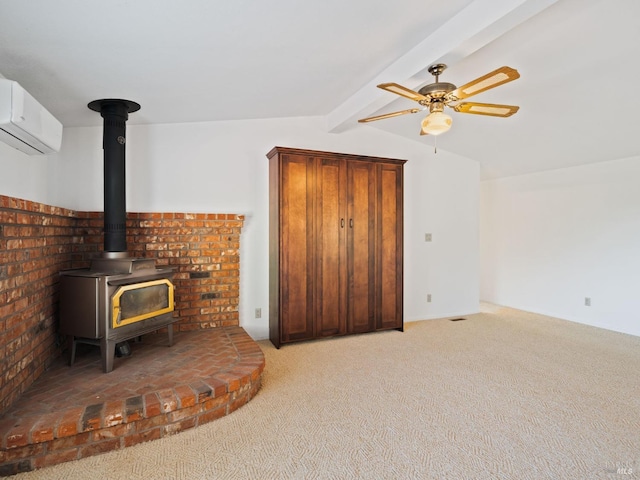 31300 Pine Mountain Rd, Cloverdale, CA 95425 - unfurnished living room with a wood stove, ceiling fan, carpet floors, and an AC wall unit