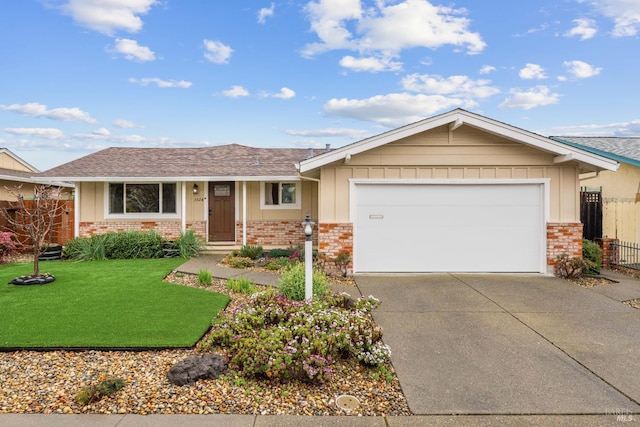 3524 Cascade St, Napa, CA 94558 - ranch-style house with brick siding, a garage, concrete driveway, and roof with shingles