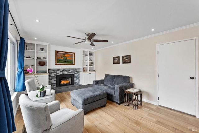 3524 Cascade St, Napa, CA 94558 - living room with ceiling fan, light wood-style flooring, a tiled fireplace, recessed lighting, and crown molding
