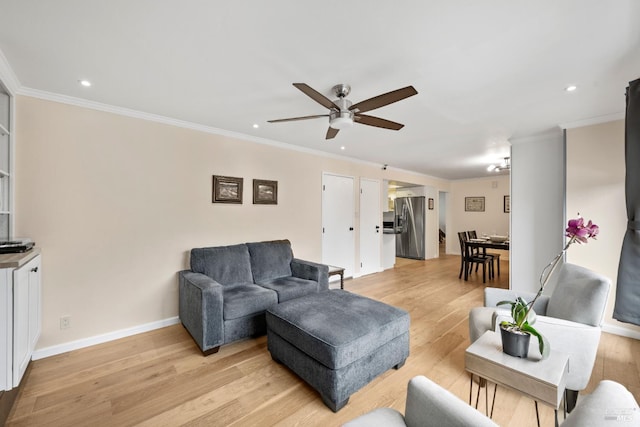 3524 Cascade St, Napa, CA 94558 - living room featuring ornamental molding, a ceiling fan, light wood-style flooring, recessed lighting, and baseboards