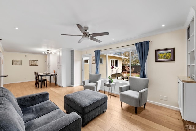3524 Cascade St, Napa, CA 94558 - living area with ornamental molding, light wood-style flooring, a ceiling fan, recessed lighting, and baseboards