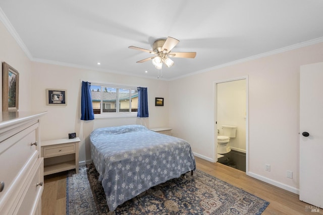 3524 Cascade St, Napa, CA 94558 - bedroom with wood finished floors, ornamental molding, baseboards, ensuite bath, and ceiling fan