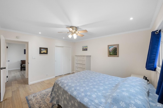 3524 Cascade St, Napa, CA 94558 - bedroom featuring light wood-type flooring, ornamental molding, a closet, recessed lighting, and ceiling fan