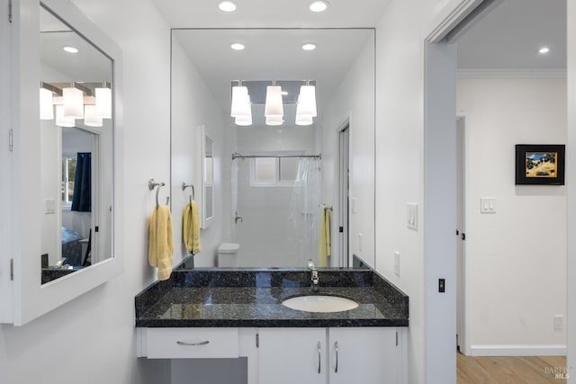 3524 Cascade St, Napa, CA 94558 - bathroom with a shower, vanity, wood finished floors, ensuite bathroom, and recessed lighting