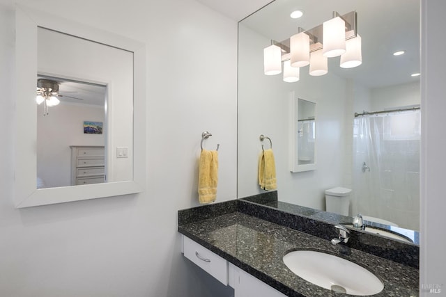 3524 Cascade St, Napa, CA 94558 - bathroom featuring vanity, recessed lighting, a ceiling fan, toilet, and a shower with curtain