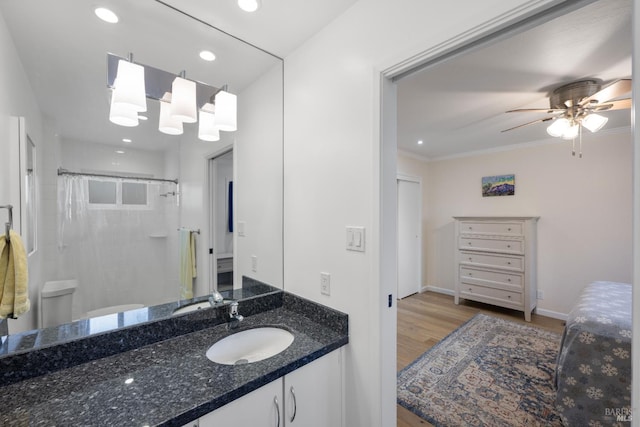 3524 Cascade St, Napa, CA 94558 - full bath with vanity, curtained shower, wood finished floors, a ceiling fan, and recessed lighting