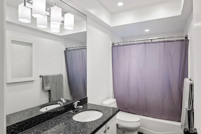 3524 Cascade St, Napa, CA 94558 - bathroom with vanity, toilet, shower / bath combo with shower curtain, and recessed lighting