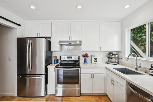 110 Morning Sun Ave, Mill Valley, CA 94941 - kitchen featuring stainless steel appliances, under cabinet range hood, a sink, white cabinets, and recessed lighting