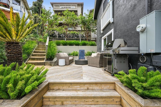 110 Morning Sun Ave, Mill Valley, CA 94941 - wooden terrace featuring stairway and a fire pit