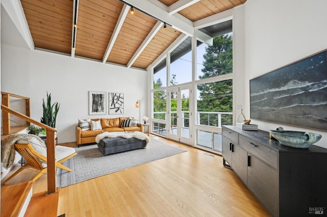 110 Morning Sun Ave, Mill Valley, CA 94941 - living area with track lighting, wooden ceiling with exposed beams, light wood-type flooring, and high vaulted ceiling