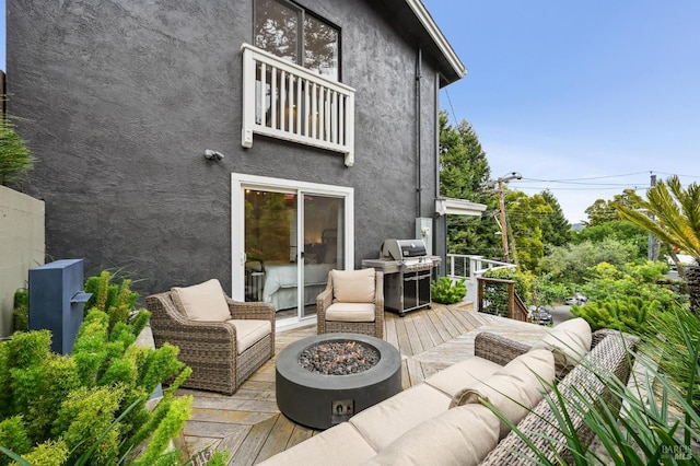 110 Morning Sun Ave, Mill Valley, CA 94941 - wooden deck featuring a grill and an outdoor living space with a fire pit
